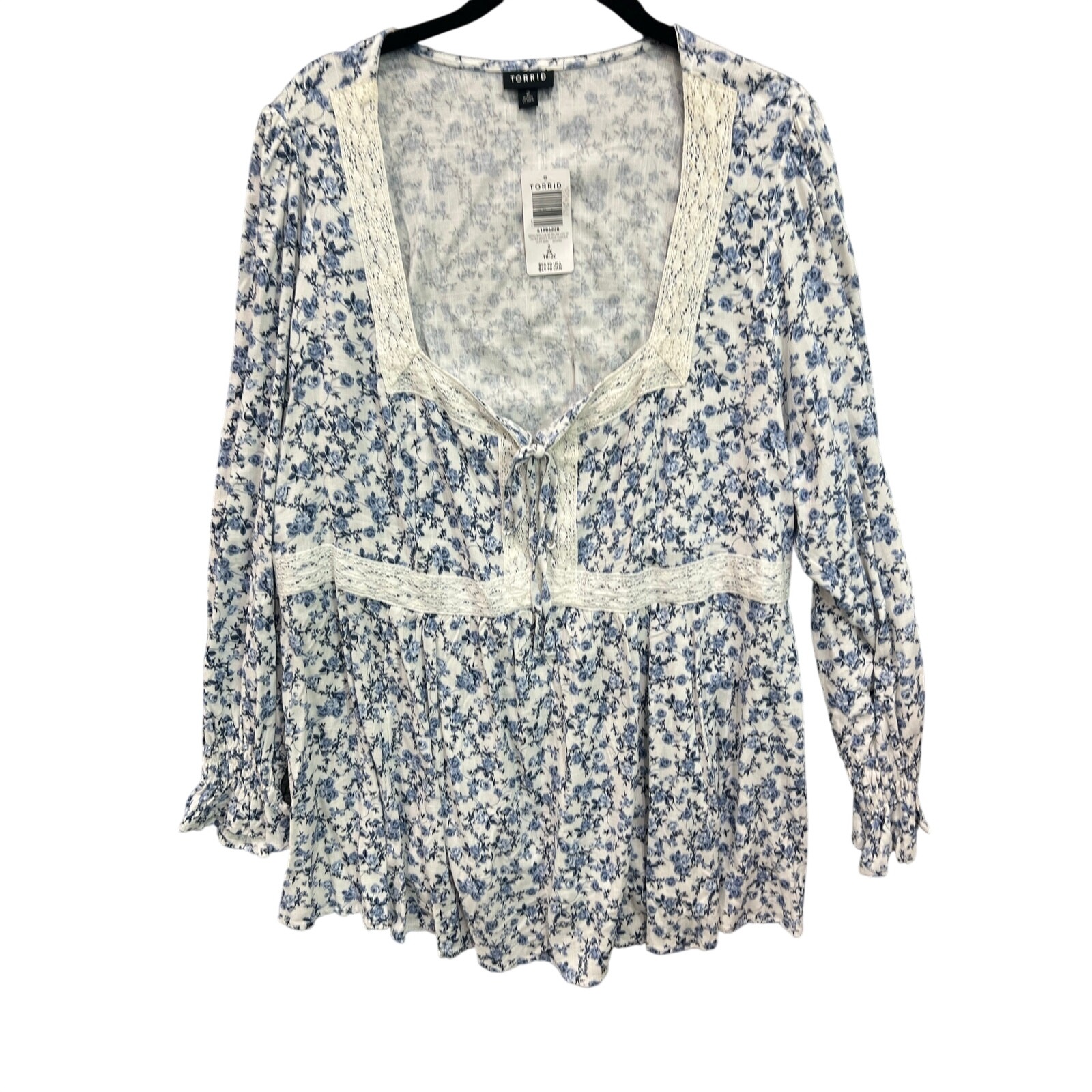 Torrid Blouse - Womens 2x - Blue Floral On White Tied Bodice - Ls - Lace Accents
